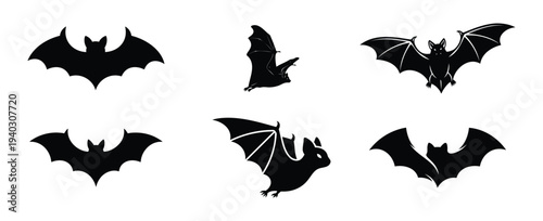 Set of 6 black bat silhouettes, isolated on transparent and white background, vector