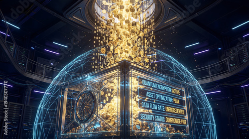 Futuristic digital cryptocurrency vault with quantum encryption hologram and glowing binary code stream, Generative AI