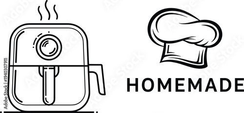 Homemade cooking concept with air fryer and chef hat icon minimal flat vector illustration for kitchen appliance and culinary design