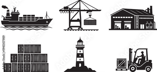 Harbor logistics silhouette vector icon set with cargo ship crane warehouse containers forklift and lighthouse