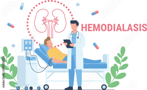 Medical hemodialysis procedure illustration featuring doctor monitoring patient in hospital bed with dialysis machine and kidney anatomy diagram