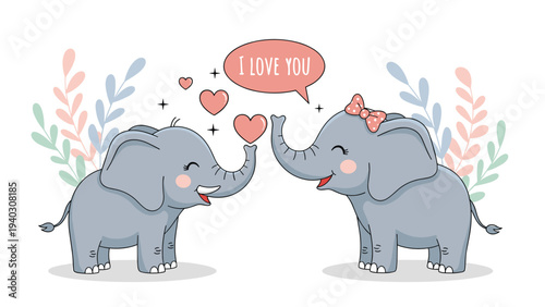 Two cute cartoon baby elephants in love with their trunks touching and a heart speech bubble saying I love you.