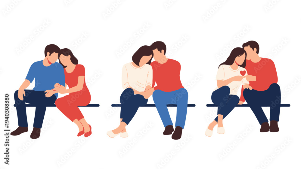 Fototapeta premium Three romantic couples sit together on benches in different affectionate poses expressing love and companionship against a plain background.