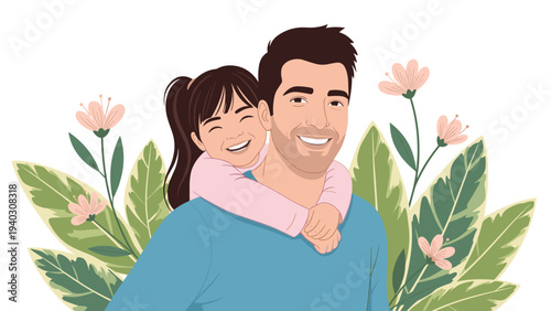 Happy father gives his young daughter a piggyback ride amidst decorative green leaves and pink flowers on a white background.