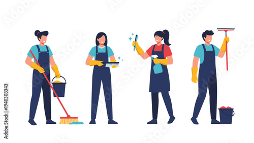 Group of professional cleaning service staff wearing blue overalls and yellow gloves with mops, buckets, and various cleaning tools.