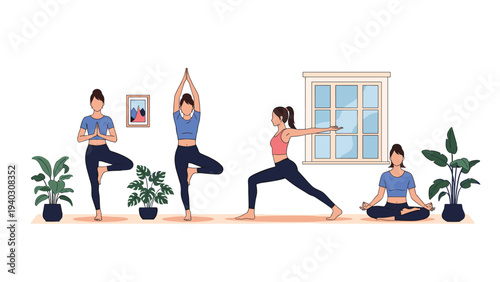 Four active women practice different yoga poses in a peaceful home studio filled with potted plants and a large window in the background.
