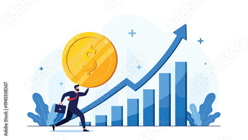 Determined businessman carries a massive gold dollar coin while running up a blue rising bar graph with a positive growth arrow pointing up.
