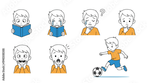 Young boy character explores various feelings like surprise and sadness while also engaging in a fun game of soccer with a black and white ball.