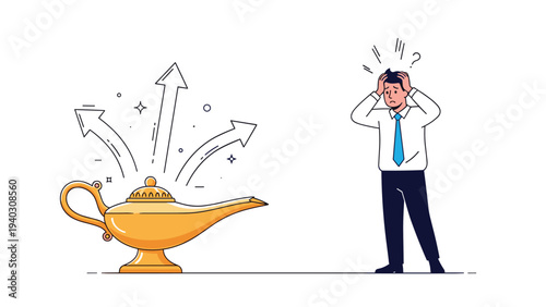 Stressed businessman stands next to a golden magic lamp as multiple arrows point in different directions, representing difficult choices.