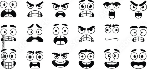 Cartoon face expression collection showing angry happy scared surprised and funny emotions, comic emoji character faces with different eyes and mouths isolated on white background