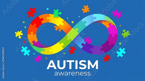 Autism awareness infinity symbol made of colorful puzzle pieces representing neurodiversity and understanding for people with autism spectrum disorder