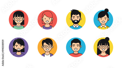 Eight diverse circular avatar icons for social media profiles featuring men and women with different hair styles and colorful backgrounds.