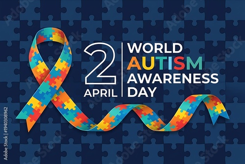 World autism awareness day on April second with colorful puzzle ribbon and dark blue puzzle background promoting acceptance and understanding