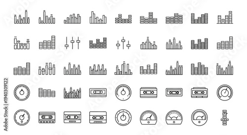 An extensive collection of detailed outline audio equalizer, sound level, and classic music recording icons for historical sound projects on an isolated white background.