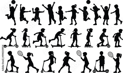 Children playing silhouette collection with kids jumping running riding scooter and playing tennis, vector set of active childhood activities isolated on white background