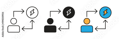 User energy motivation icon set showing a person linked to a lightning bolt. Represents personal productivity, human energy, and empowerment.