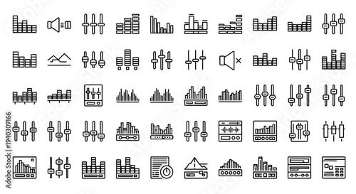 A comprehensive collection of outline audio equalizer, sound spectrum, and music editing tool icons for advanced sound customization on an isolated white background.