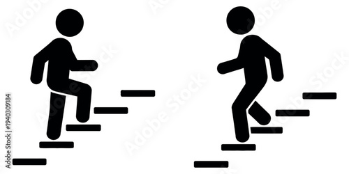 Man Walking Up and Down Stairs Icon Set with Directional Steps and Progress Symbols Vector Illustration.