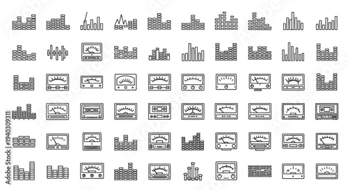 Comprehensive set of audio equalizer, sound wave, and analog VU meter icons for sound engineering and retro applications on isolated white background