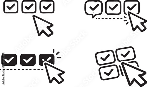 Set of 4 Black and White Checkbox Click Icons Vector for UI/UX Design, Website Navigation, and Digital Interaction