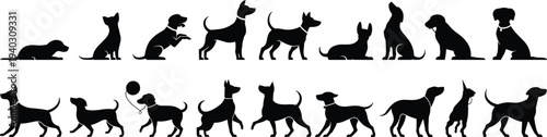 Collection of dog silhouettes in different poses isolated on white background, vector set of domestic pet dogs standing sitting running walking for animal design elements