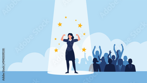 Powerful businesswoman flexes her muscles in a bright spotlight as a cheering crowd of silhouettes applauds her success in the background.