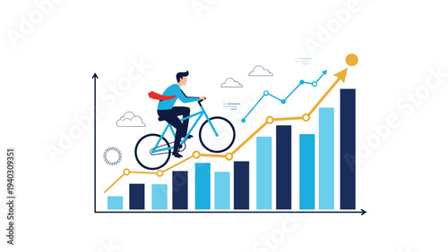 Determined businessman rides a bicycle up a steep rising bar chart following a golden growth arrow, symbolizing effort in achieving success.