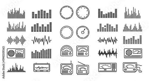 Variety of audio equalizer, sound wave, radio receiver, and dashboard meter icons on isolated white background