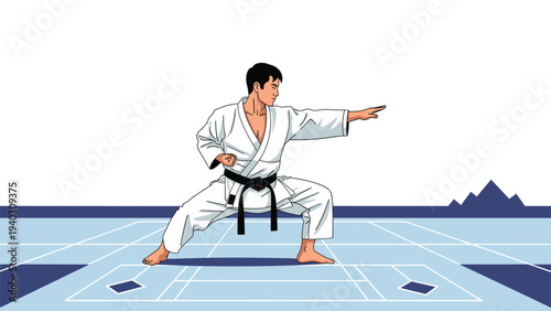 Professional karate practitioner in a traditional white gi performing a strong low stance on a blue training mat.
