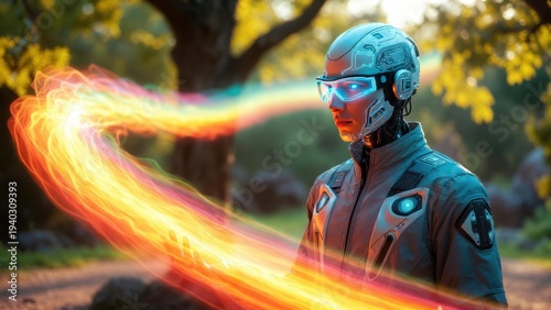 Cyborg emitting colorful energy stream along wooded path.