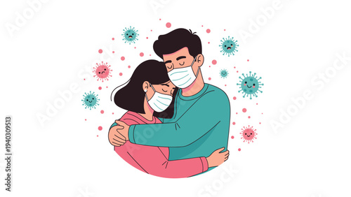 Young man and woman wearing protective medical masks while hugging during the pandemic with virus icons around.