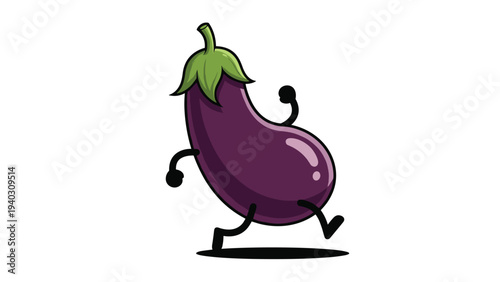 Energetic cartoon eggplant character with small arms and legs running quickly across a plain white background.
