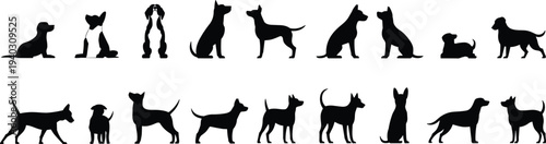 Dog silhouette set showing various domestic dog poses including sitting standing walking and running isolated on white background, vector collection for pet design animal icons