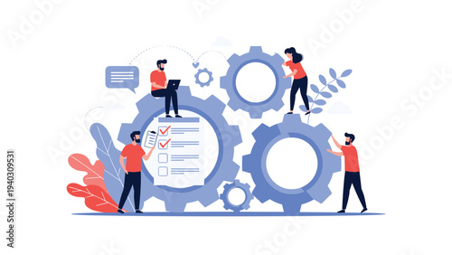 Team of business professionals collaborating around large blue cogwheels and a checklist to improve efficiency.