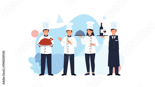 Restaurant staff group including chefs and a waiter presenting a roasted turkey, covered platter, and red wine.