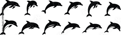 Dolphin silhouette collection with jumping and swimming dolphins, marine ocean wildlife animal vector set isolated on white background for sea life design and aquatic illustration