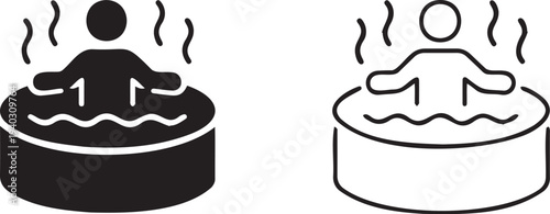 Hot Tub or Jacuzzi Spa Icon Set Vector with Person Relaxing in Steaming Water, Black Solid and Outline Versions for Wellness and Leisure Designs
