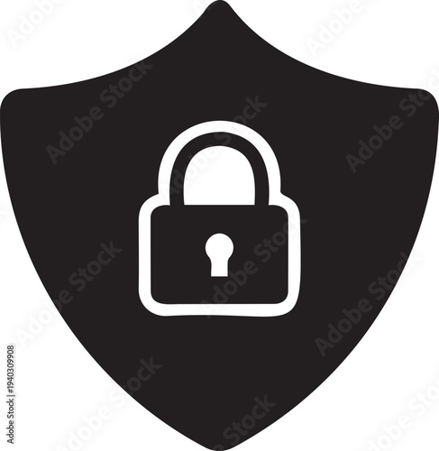 Black Shield with White Padlock Icon Vector Illustration for Digital Security, Data Protection, Privacy, and Cyber Safety Concepts