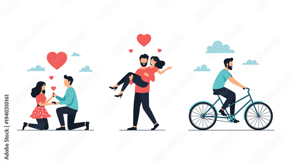 Fototapeta premium Romantic series of illustrations showing a marriage proposal, a man carrying his partner, and cycling together.