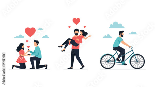 Romantic series of illustrations showing a marriage proposal, a man carrying his partner, and cycling together.