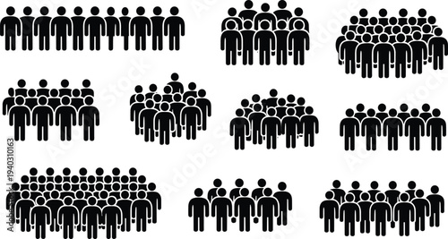 People crowd icon collection showing groups of human figures representing community teamwork population audience and social gathering concept vector isolated on white background