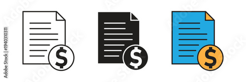 Financial document invoice icon set with dollar coin. Perfect for billing, tax reporting, accounting services, and electronic receipt management systems.