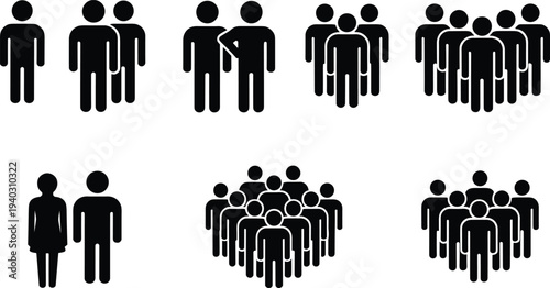 People crowd icon set representing community population teamwork audience and social group concept, simple human figure vector symbols isolated on white background