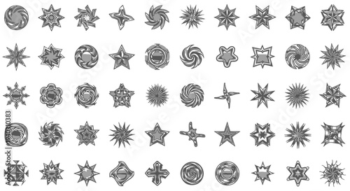 Diverse Collection of Grey Scale Geometric Star and Abstract Shape Icons on an Isolated White Background