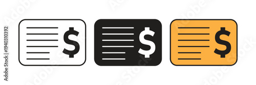 Financial invoice card icon set with dollar symbol. Perfect for digital payments, banking transactions, tax billing, and electronic receipts.