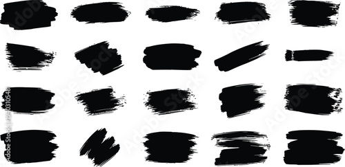 Collection of 20 unique black brush strokes on a white background for artistic design