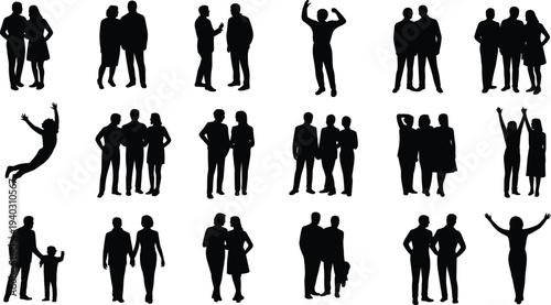People silhouette collection showing couples friends family and groups standing walking celebrating and interacting, human relationship vector set isolated on white background