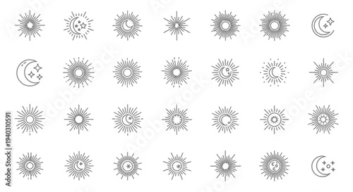 Assortment of Outline Sun, Moon, and Star Icons with Sunburst Rays on an Isolated White Background