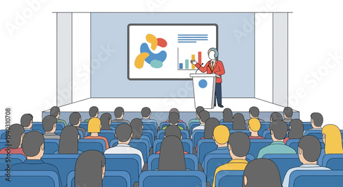 Business Presentation: Speaker at Podium Addressing Audience with Charts on Screen