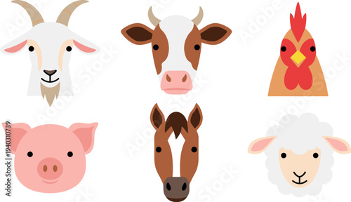 Cute farm animal faces set including goat cow chicken pig horse and sheep flat vector illustration for agriculture and kids design